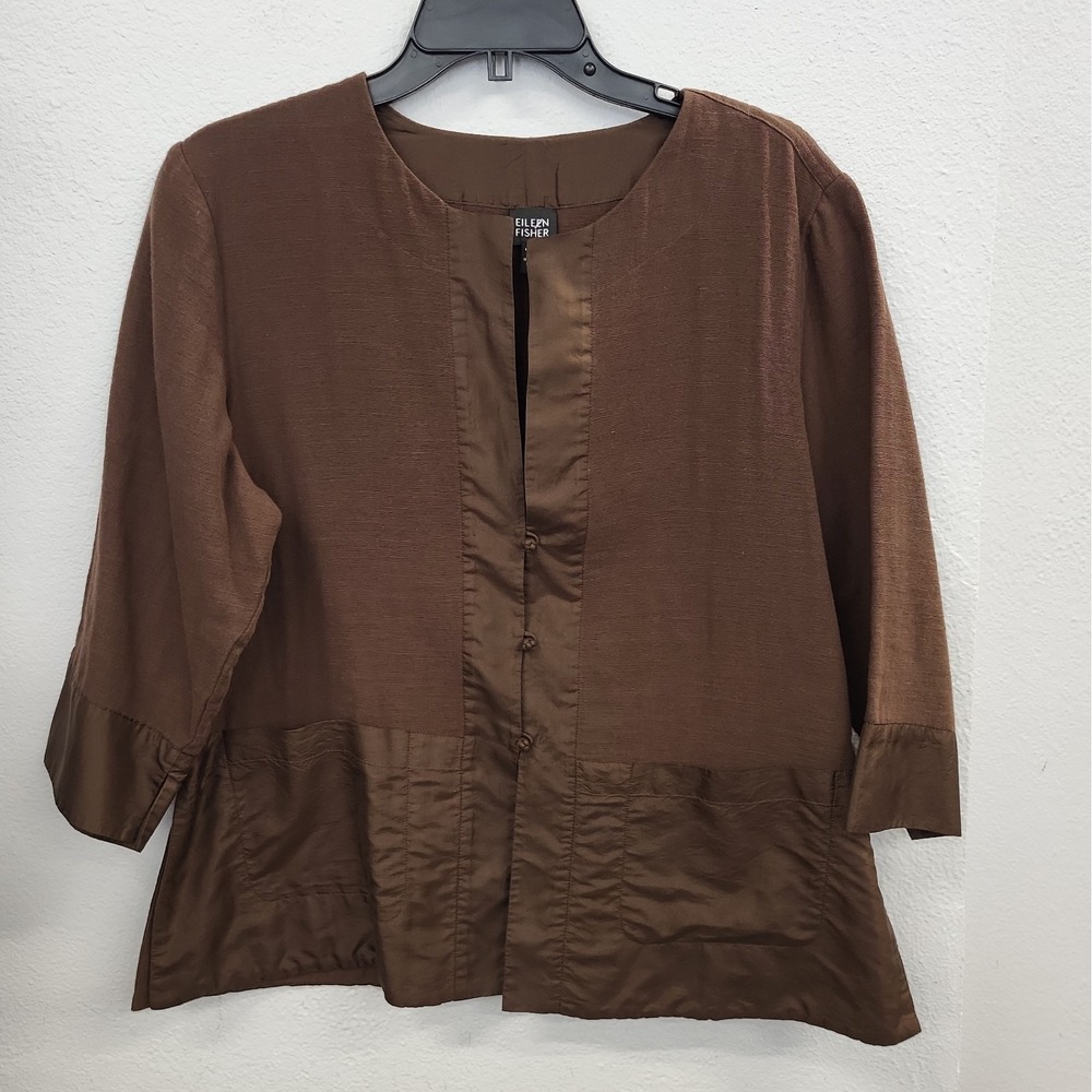 Eileen Fisher 100% Cotton Button Front Topper Brown Jacket Size Large